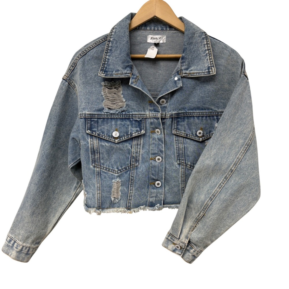 Rivalry Runway Hotty Toddy Ole Miss Distressed Cropped Denim Jean Jacket  NEW